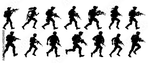 Male and female Soldier with gun. Silhouette collection of running soldier carrying machine gun weapon black filled vector Illustration icon.