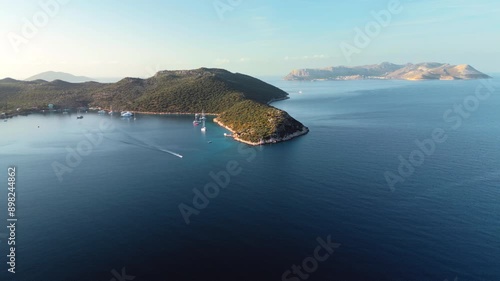Morning Aerial Footage of Kas, Turkey Coastline, Boat