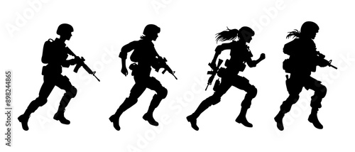 Soldier with gun. Silhouette collection of running male soldier carrying machine gun weapon black filled vector Illustration icon.