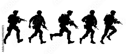Soldier in action. Silhouette collection of running male soldier carrying machine gun weapon black filled vector Illustration icon.