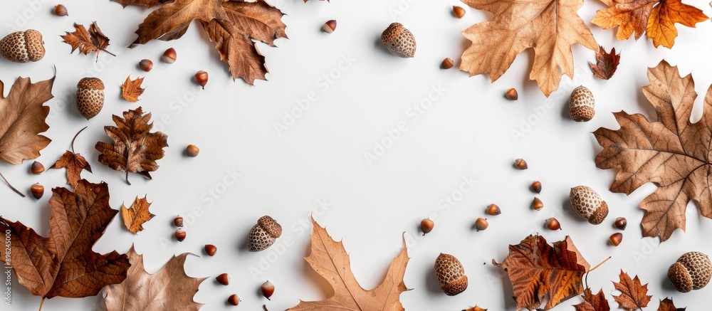 Brown dried leaves and acorns arranged into an autumn composition on a white background with copy space image for fall Halloween harvest or Thanksgiving themes in a flat lay style from top view Brown dried leaves and acorns arranged into an autumn composition on a white background with copy space image for fall Halloween harvest or Thanksgiving themes in a flat lay style from top view