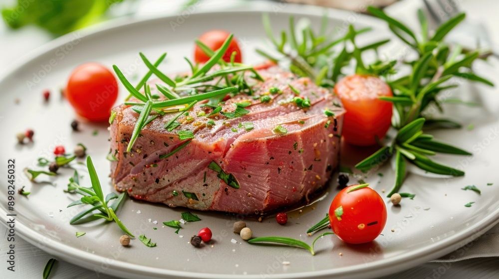 Tuna steak with herbs served on a plate Tuna steak with herbs served on a plate