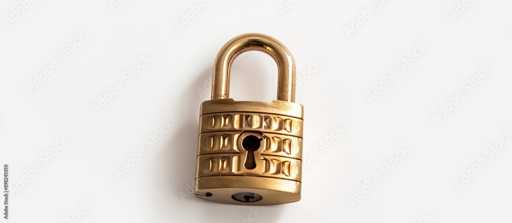 A brass lock with a number code or password for private access set against a white background with copy space image is used to secure luggage and deter theft A brass lock with a number code or password for private access set against a white background with copy space image is used to secure luggage and deter theft