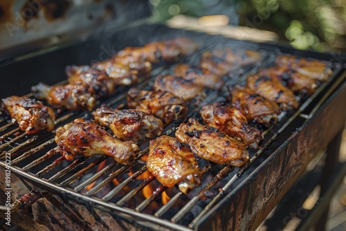 Chicken wings grilling on a barbeque. Perfect for a summertime cookout.