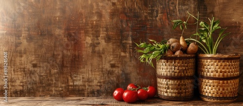 Bamboo weaves utilized as containers for vegetables with a copy space image photo