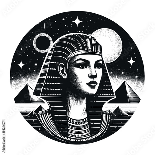 Beautiful Egyptian queen Cleopatra. Pyramids. Black vector illustration. Abstraction, tattoo sketch, print