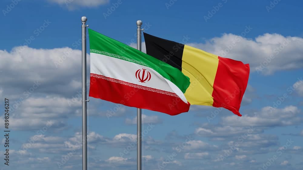 Belgium and Iran flags flying together, video concept of the relationship, two country relations concept Belgium and Iran flags flying together, video concept of the relationship, two country relations concept