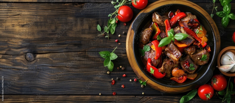 A cooked meat and vegetable dish on a wooden background with a mock up copy space image A cooked meat and vegetable dish on a wooden background with a mock up copy space image
