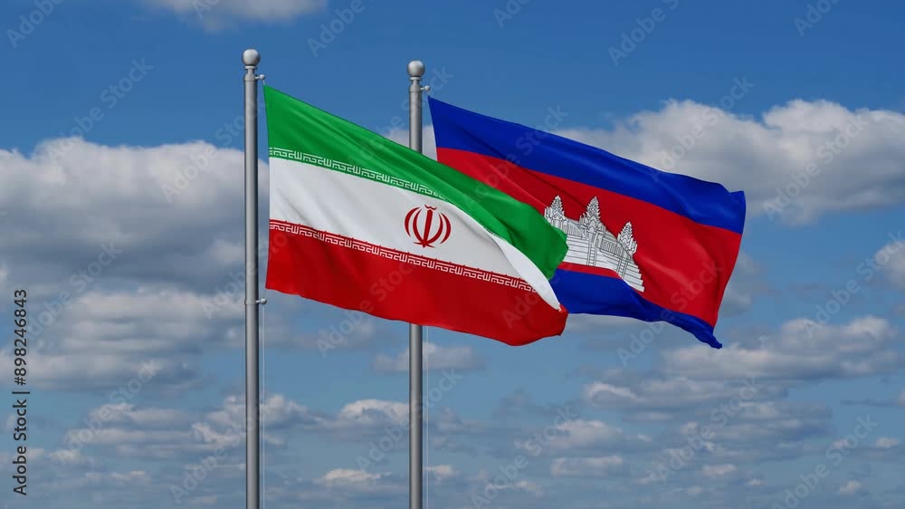 Cambodia and Iran flags flying together, video concept of the relationship, two country relations concept Cambodia and Iran flags flying together, video concept of the relationship, two country relations concept