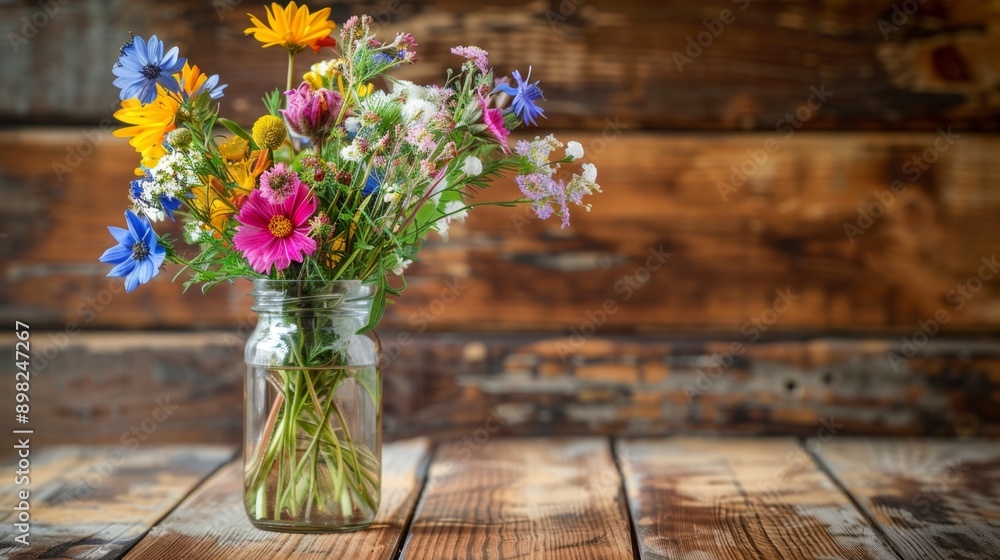 Wildflowers in a Glass Jar on Rustic Wooden Table. Wildflowers in a Glass Jar on Rustic Wooden Table.