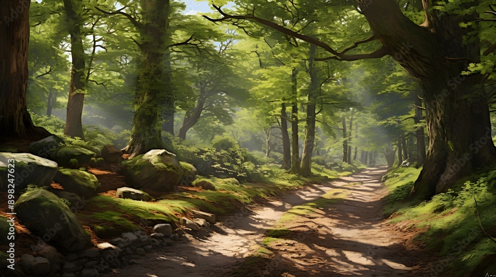 Fototapeta premium Blurred Forest Path in Spring Dappled with Sunlight and Surrounded by Green Trees