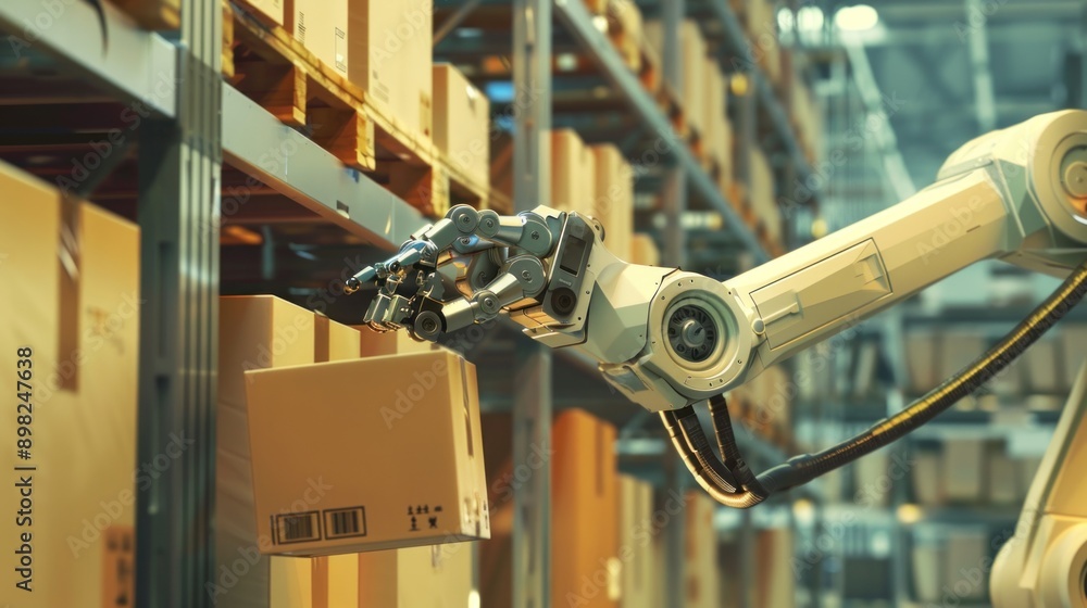 Robotic arm picks up cardboard boxes in warehouse Automated robot arm in warehouse. 3D illustration Robotic arm picks up cardboard boxes in warehouse Automated robot arm in warehouse. 3D illustration