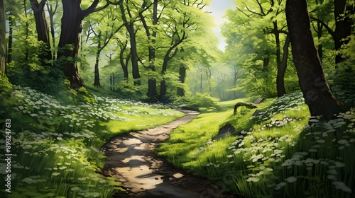 Blurred Forest Path in Spring Dappled with Sunlight and Surrounded by Green Trees