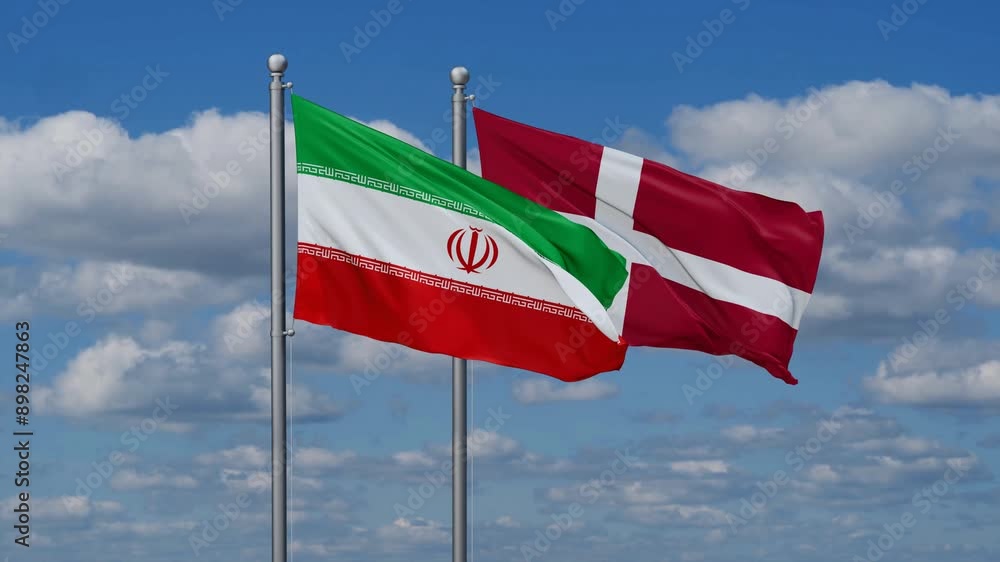 Denmark and Iran flags flying together, video concept of the relationship, two country relations concept Denmark and Iran flags flying together, video concept of the relationship, two country relations concept