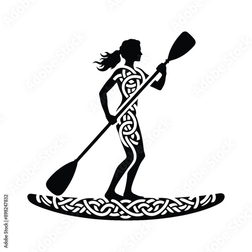 paddleboard female player in celtic knot pattern illustration, emblem shield badge