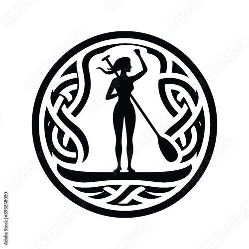 paddleboard female player in celtic knot pattern illustration, emblem shield badge