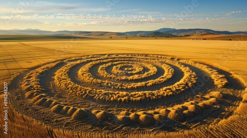  In the heart of the verdant field lies a circular structure woven from golden hay Mountains gracefully frame the backdrop, their peaks piercing the blue expanses of the sky Wis photo