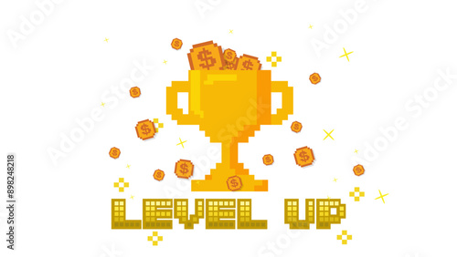 Pixel art 8-bit level up text with one big winner golden cup and gold coin overwhelming for champion on white background.for game assets in vector illustrations.	