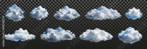 A collection of smoky realistic clouds in various sizes and shapes. The clouds are scattered across the sky, with some appearing closer to the viewer and others further away