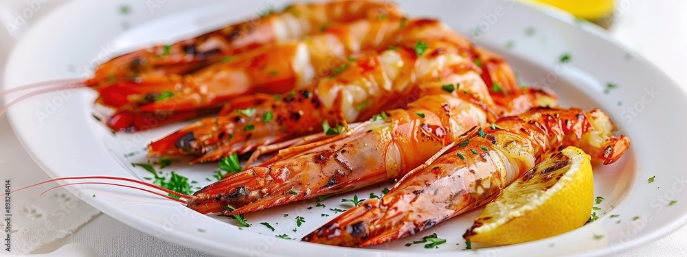 grilled shrimp fried on a plate. Selective focus. grilled shrimp fried on a plate. Selective focus.