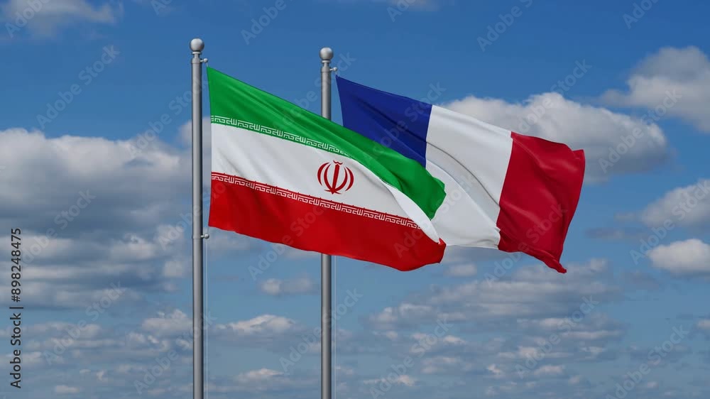 France and Iran flags waving together, video concept of the relationship, two country relations concept France and Iran flags waving together, video concept of the relationship, two country relations concept