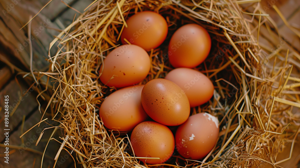 Chicken eggs in hay on a wooden surface, top view. Chicken eggs in hay on a wooden surface, top view.