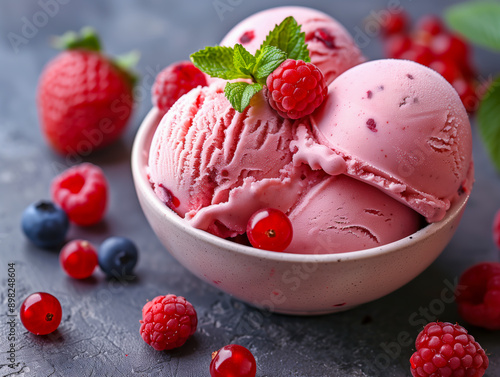 Ball of homemade strawberry, red currant, raspberry, blueberry ice cream