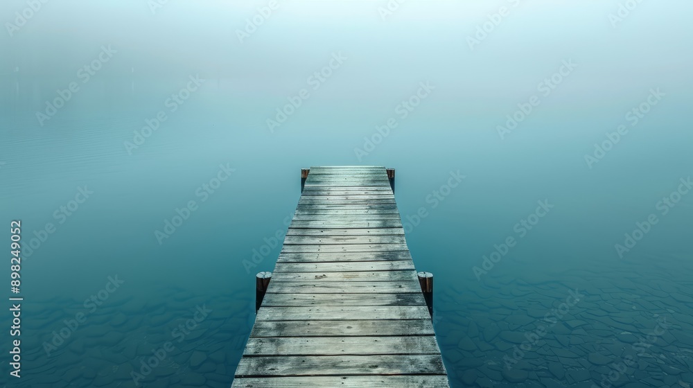 Obraz premium A dock, situated in the heart of a fog-enshrouded body of water, concludes with a bench at its end