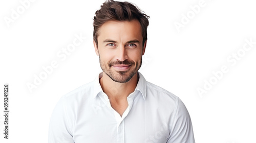 Portrait of handsome young man in shirt smiling at camera isolated on transparent and white background.PNG image