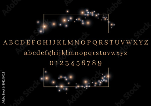 Luxury vector Golden Alphabet and Numbers with Decorative Glitter dust on Black Background