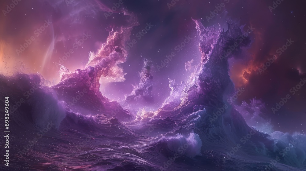 A painting of a mountain in a body of water, surrounded by purple clouds, and adorned with stars in the sky A painting of a mountain in a body of water, surrounded by purple clouds, and adorned with stars in the sky