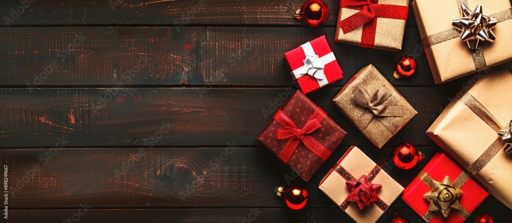 Fototapeta premium Christmas gift boxes displayed on a wooden background with copy space image