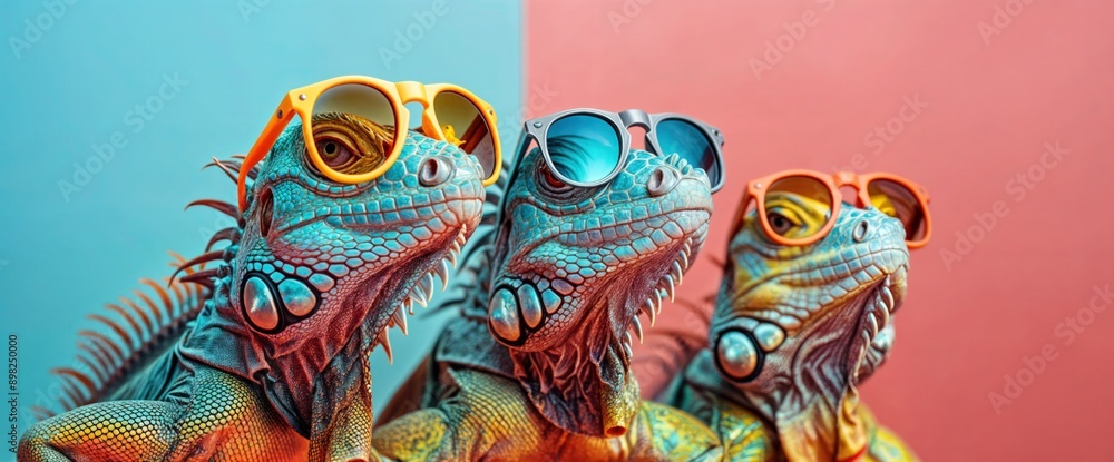 Three Iguanas Wearing Sunglasses