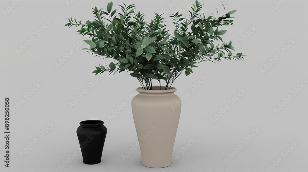 A black vase with a plant inside, adjacent to a white vase containing a plant and another black vase with a plant A black vase with a plant inside, adjacent to a white vase containing a plant and another black vase with a plant