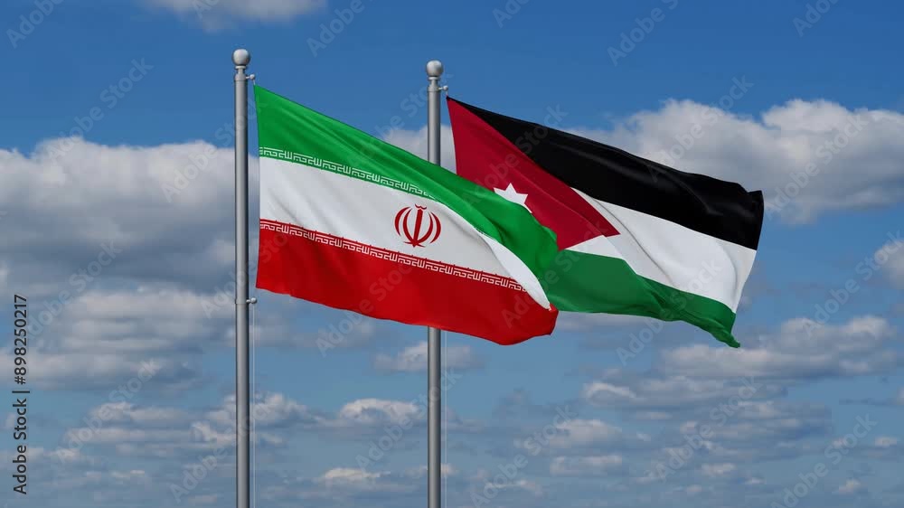 Jordan and Iran flags flying together, video concept of the relationship, two country relations concept Jordan and Iran flags flying together, video concept of the relationship, two country relations concept