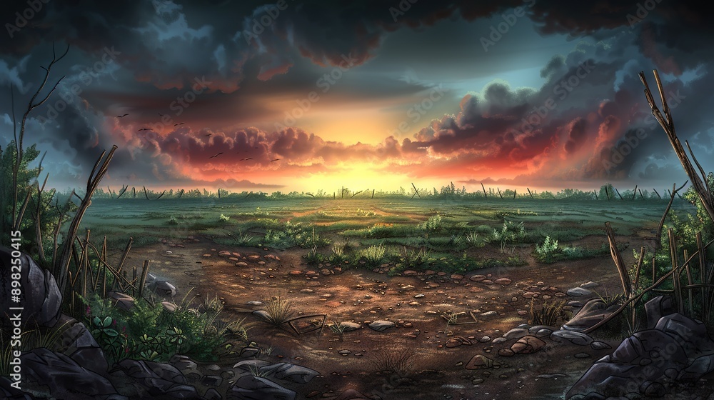 A painting captures a sunset amidst a field with a dirt trail leading to lush grass A painting captures a sunset amidst a field with a dirt trail leading to lush grass