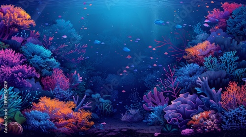 corals populate the seafloor, while more corals dwell at the scene's depth