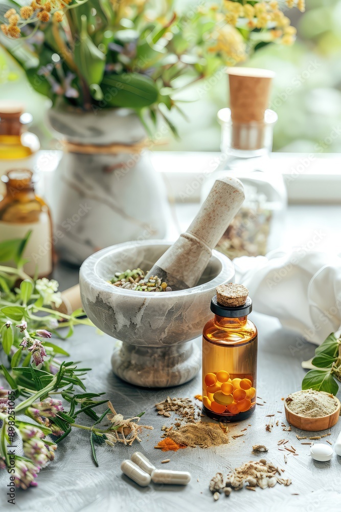 Medicinal herbs and alternative medicine. Selective focus. Medicinal herbs and alternative medicine. Selective focus.
