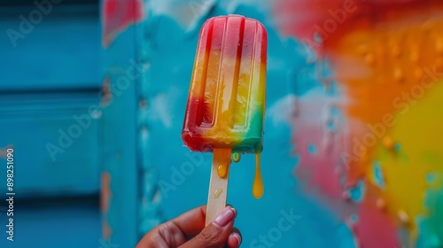 Rainbow popsicle melting on a colorful background.