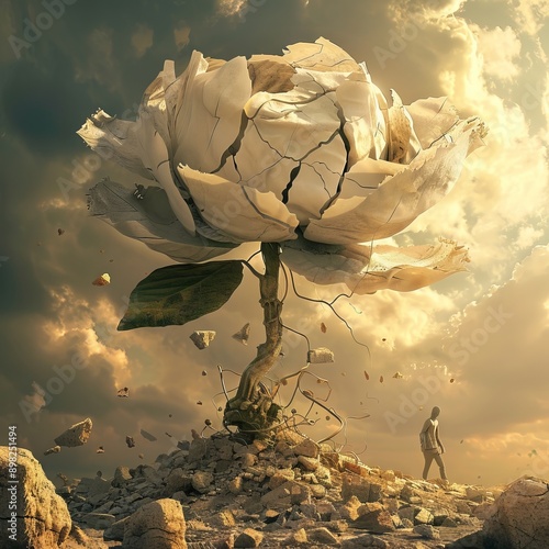 Life and freedom and hope concept , Imagination of surreal scene flower with broken human sculpture, digital artwork illustration