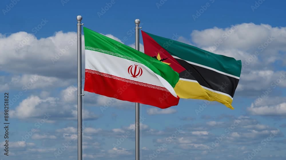 Mozambique and Iran flags flying together, video concept of the relationship, two country cooperation concept Mozambique and Iran flags flying together, video concept of the relationship, two country cooperation concept