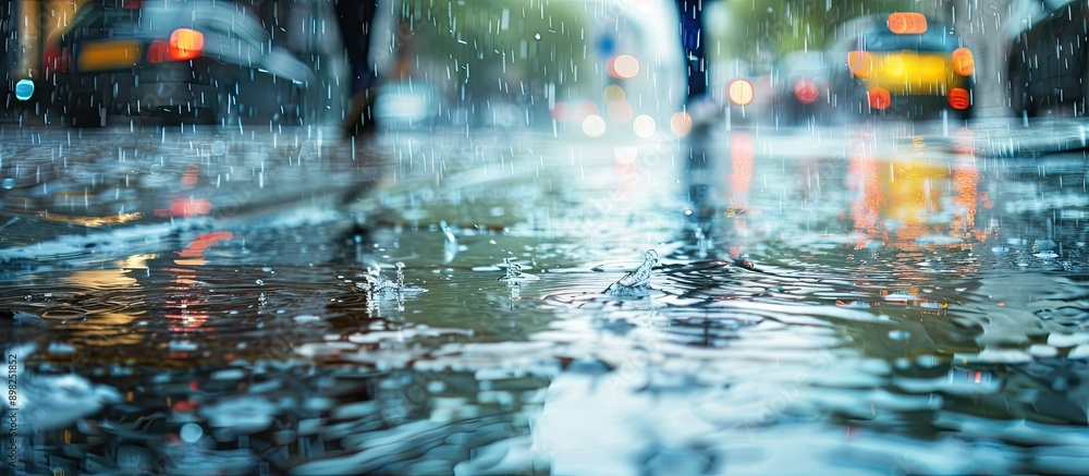 A close up copy space image showing rainwater and reflections on a pedestrian sidewalk with blurry figures walking and cars lining the street in the background symbolizing wet weather in a city setti A close up copy space image showing rainwater and reflections on a pedestrian sidewalk with blurry figures walking and cars lining the street in the background symbolizing wet weather in a city setti