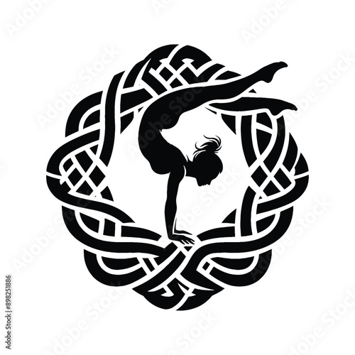 Parkour  female player in celtic knot pattern illustration, emblem shield badge
