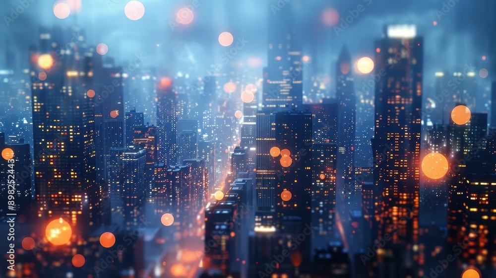 Aerial View of Modern Cityscape at Night with Bokeh Lights and Skyscrapers in the Background Aerial View of Modern Cityscape at Night with Bokeh Lights and Skyscrapers in the Background