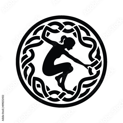 Parkour  female player in celtic knot pattern illustration, emblem shield badge