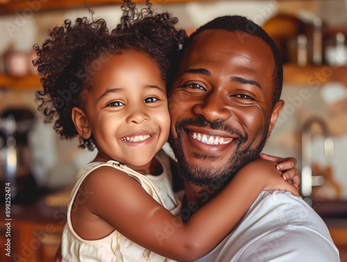 Father and daughter hug in the kitchen