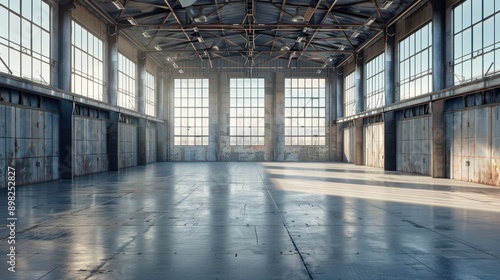 Spacious Industrial Warehouse Interior with Large Windows and Natural Light