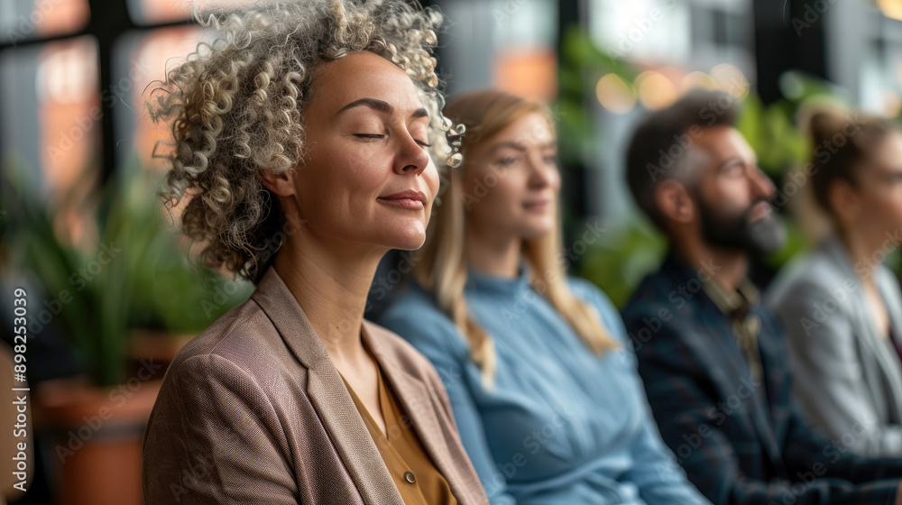Diverse group of people practicing mindfulness meditation in a serene and relaxed environment. Diverse group of people practicing mindfulness meditation in a serene and relaxed environment.