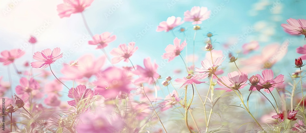 Cosmos flower field in soft focus pink and white hues against a blue sky ideal for wedding or valentine settings vintage style theme with room for text or images. Creative banner. Copyspace image Cosmos flower field in soft focus pink and white hues against a blue sky ideal for wedding or valentine settings vintage style theme with room for text or images. Creative banner. Copyspace image