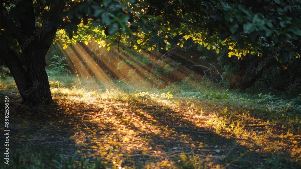 Obraz premium Sunlight Streaming Through Forest Trees.